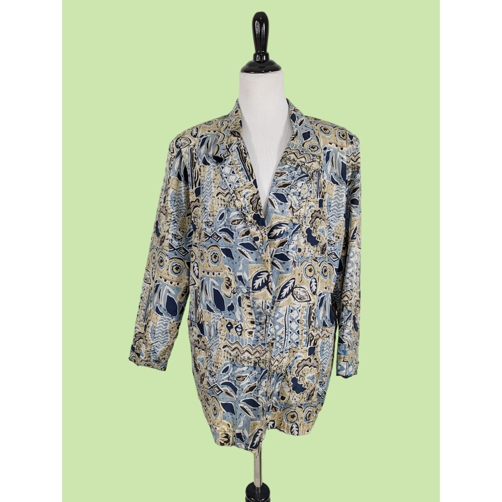Bogari Blazer M 100% Silk Floral Blue Beige Top Jacket Women